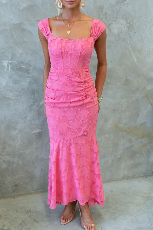 Unreal Beauty Textured Material Ruched Fishtail Maxi Dress