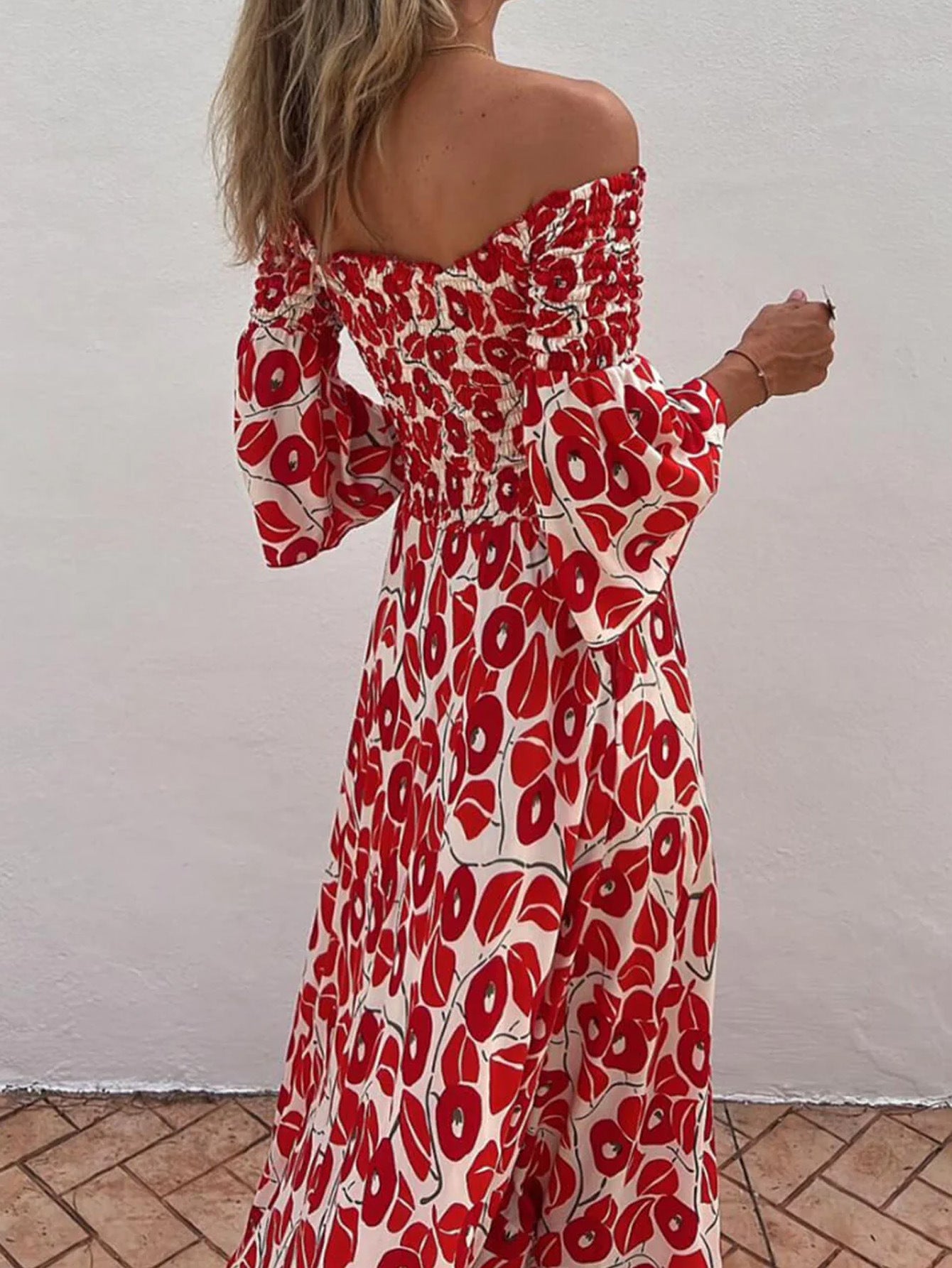 ' Vacation Flower Street Printed Off Shoulder Waist Pocket Long Dress