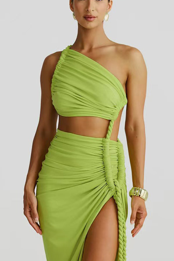Juliana Rope Detail Ruched One Shoulder Cutout Stretch Maxi Dress