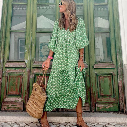 Fashionable Street Picnic Bubble Sleeve Layered Party Midi Dress