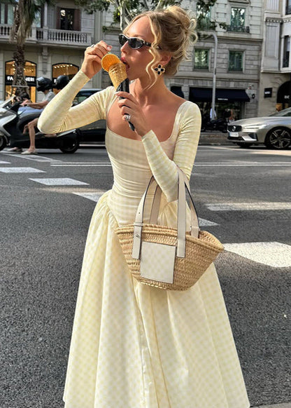 Pink Gingham Long Sleeve Midi Dress – Square Neck Fit and Flare