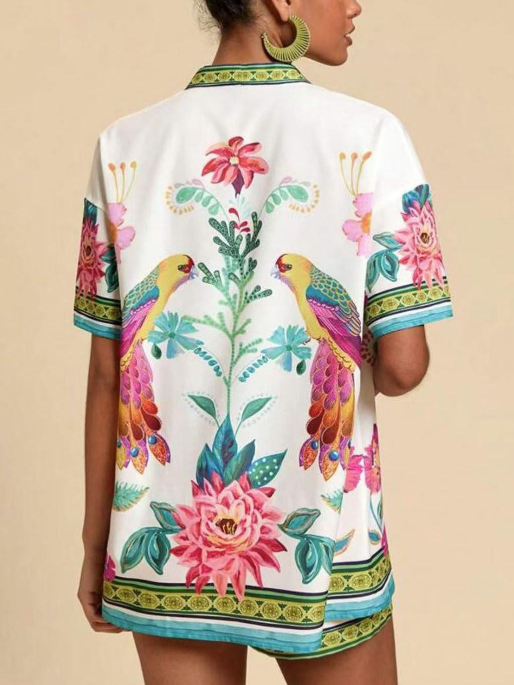 Fresh Print Cardigan Short Sleeve Two-piece Set