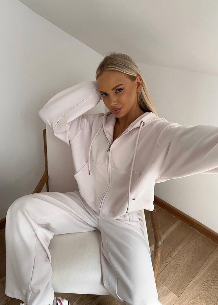 Soft Beige Zip Hoodie and Wide-leg Pants Set – ’s Relaxed Fit Tracksuit