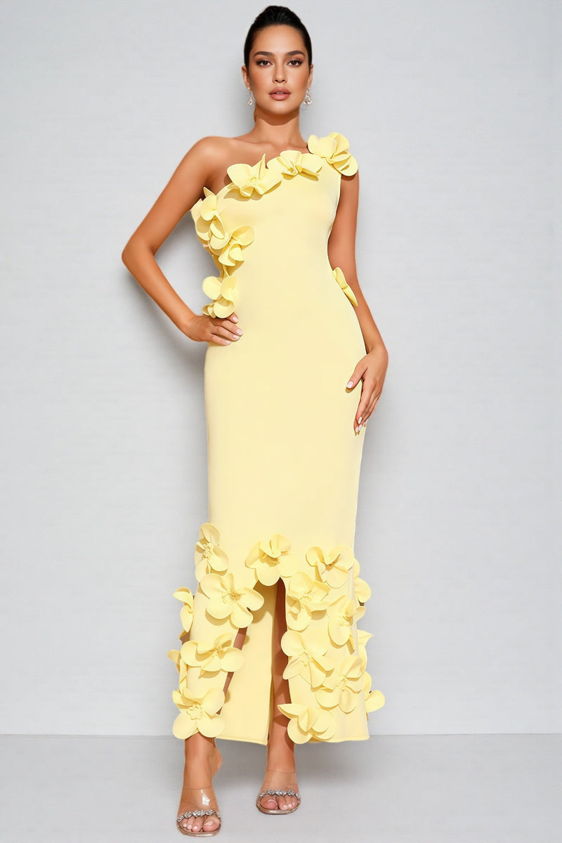 Zalia Yellow One-shoulder 3d Maxi Dress