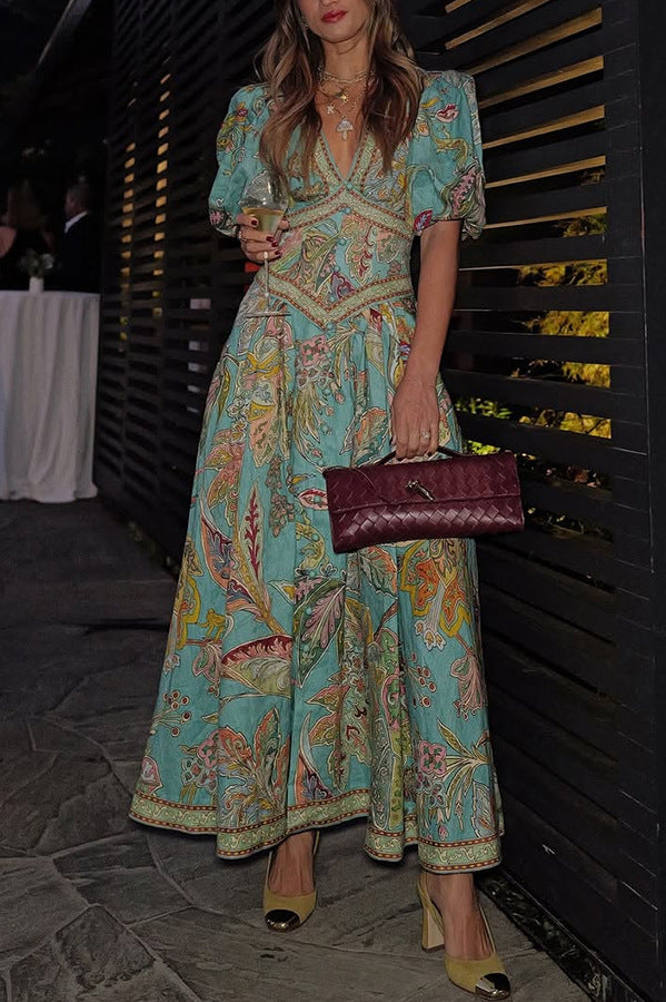 Vacation Linen Blend Unique Print Button Puff Sleeve Pocket Maxi Dress