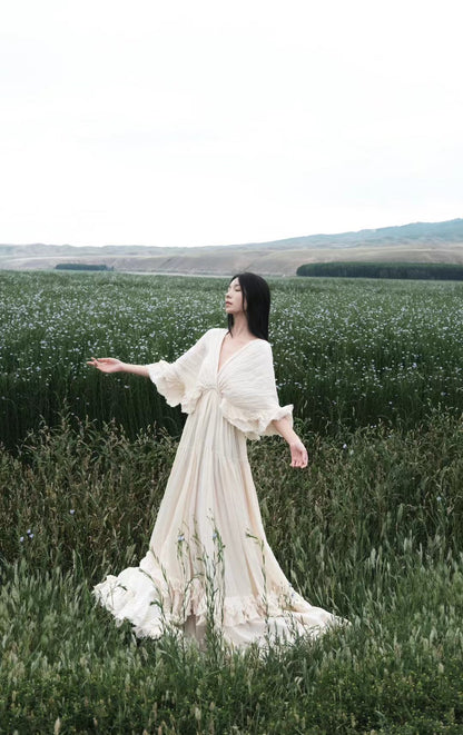 Tailande Linen Maxi Dress _ V-neck Ruffle Goddess Gown With 10-meter Full Hem