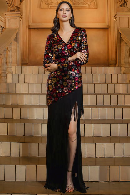 Faelan V-neck Fringe Sequin Maxi Dress