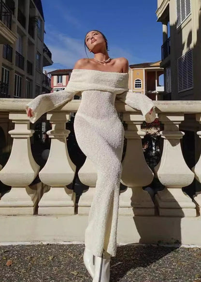 Lumière - Off-shoulder Shimmer Knit Maxi Dress