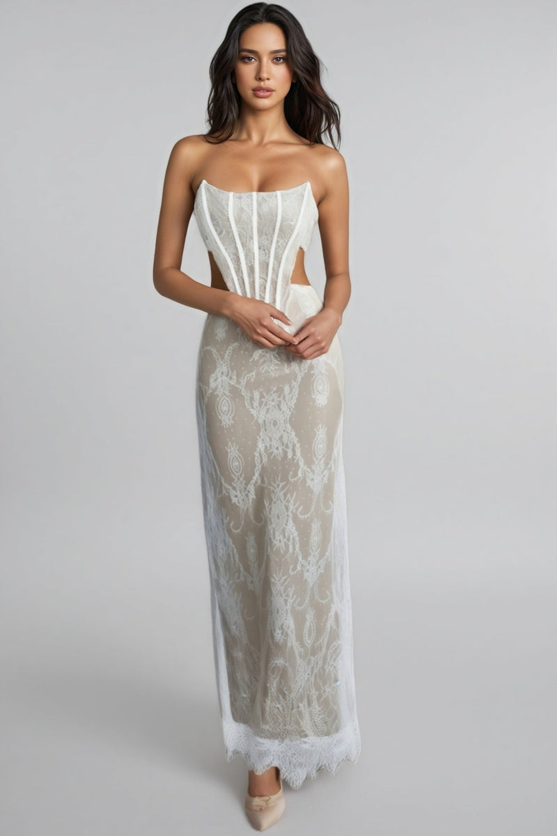 Kaylk Beige Lace Maxi Dress
