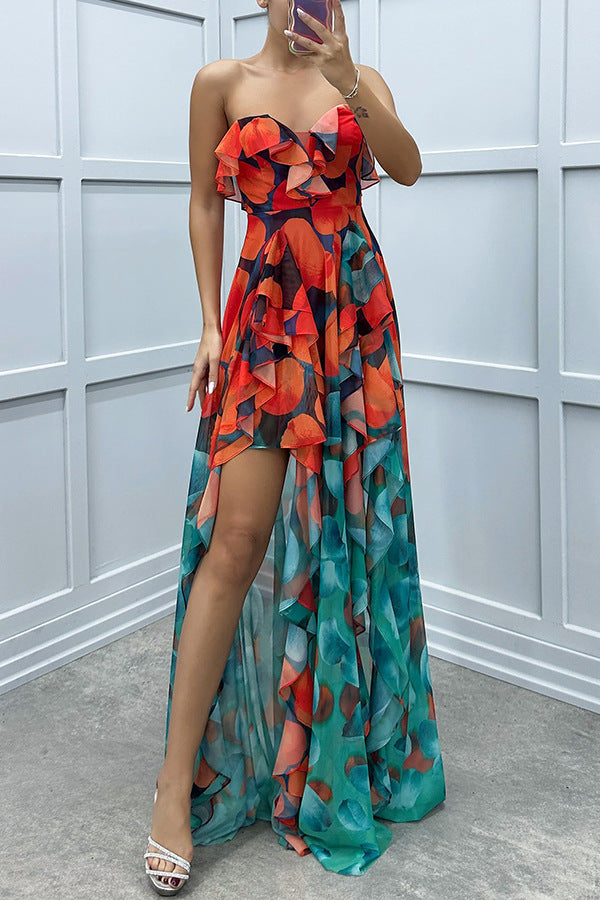 Fashionable Party Gradient Unique Printed Flowing Layered Pleated Strapless Slim Fit Long Skirt