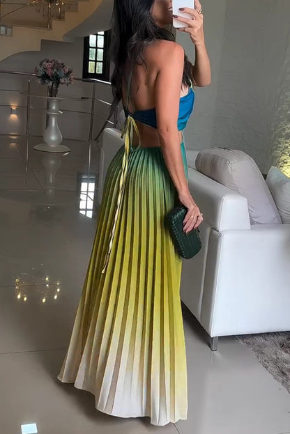 Fashionable Backless Tie Gradient Pleated Maxi Dress