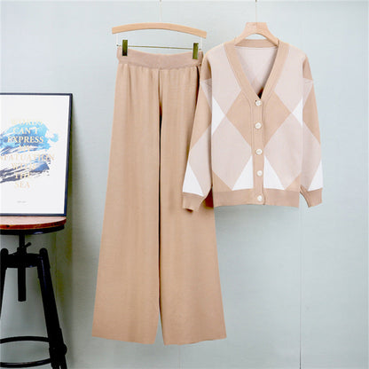 Khaki - Knitted Cardigan Two Piece Set