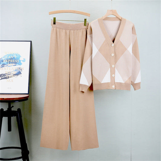 Khaki - Knitted Cardigan Two Piece Set