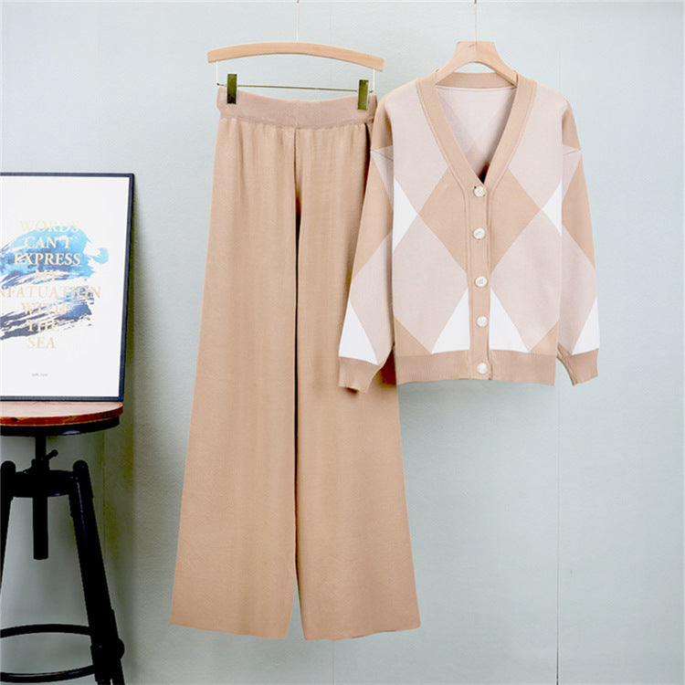 Khaki - Knitted Cardigan Two Piece Set