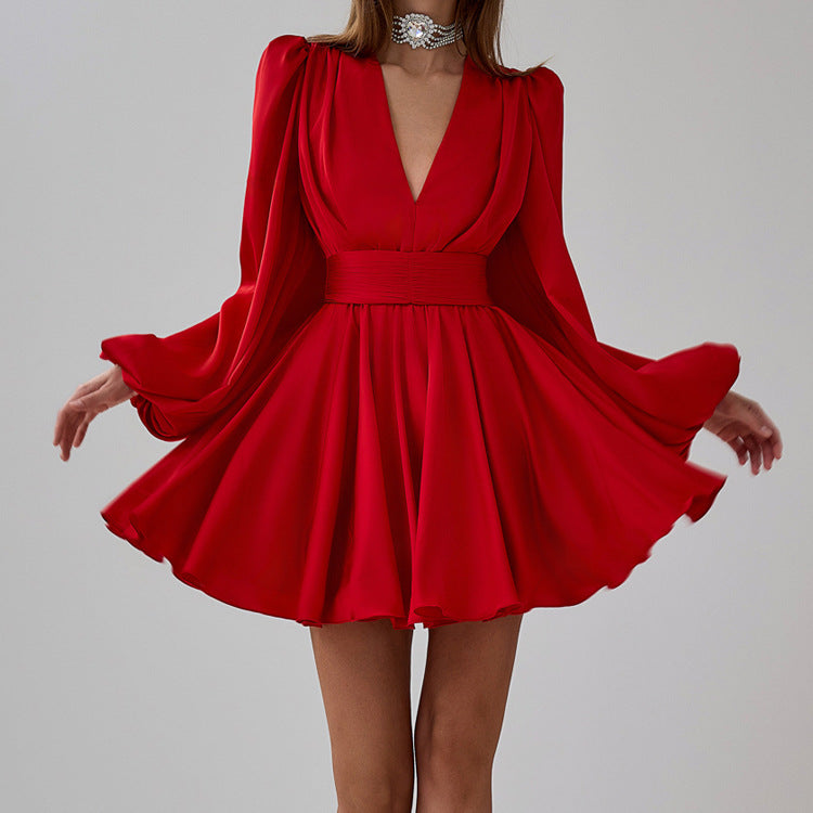 Ruched Puff Sleeve V Neck Waist Belt Satin a Line Mini Dress