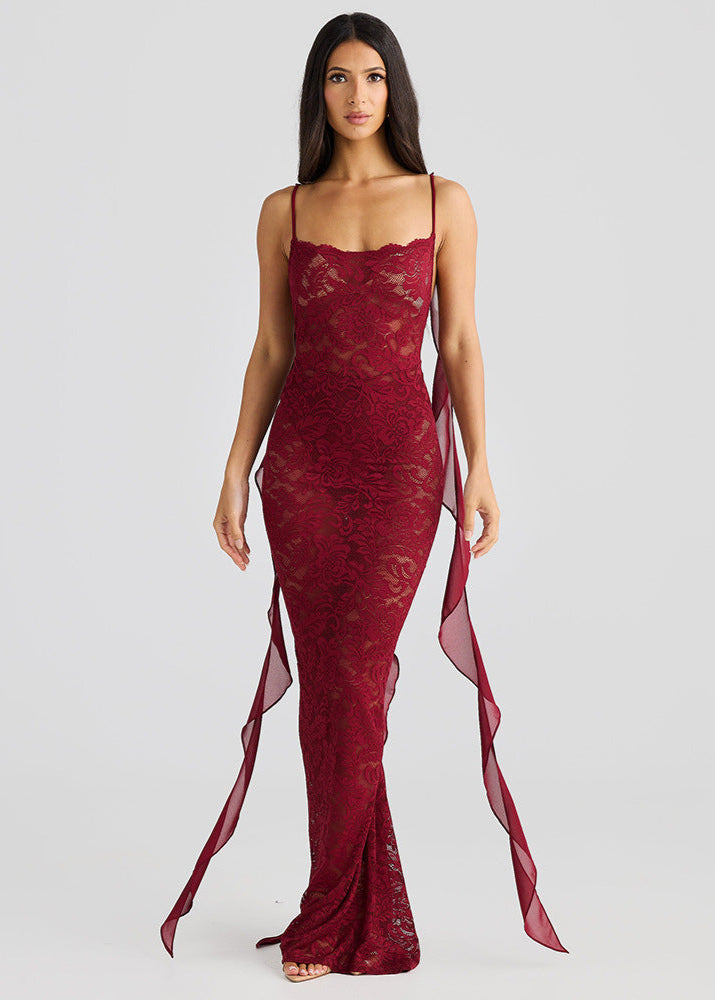 Scarlet - Lace Backless Maxi Dress With Chiffon Ties