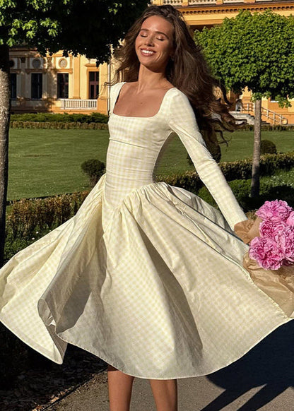 Pink Gingham Long Sleeve Midi Dress – Square Neck Fit and Flare