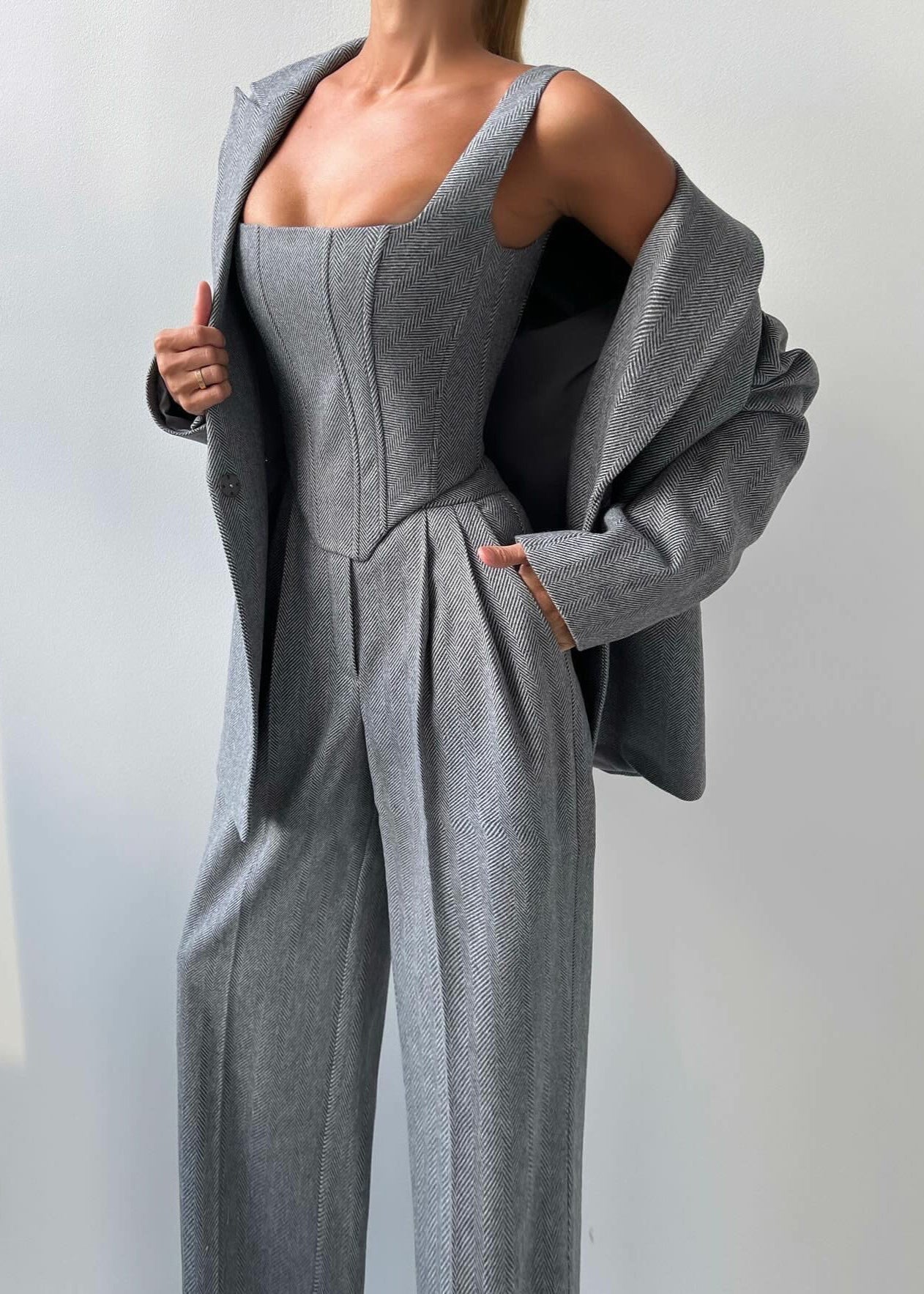 Charcoal Gray Corset Jumpsuit With Matching Blazer