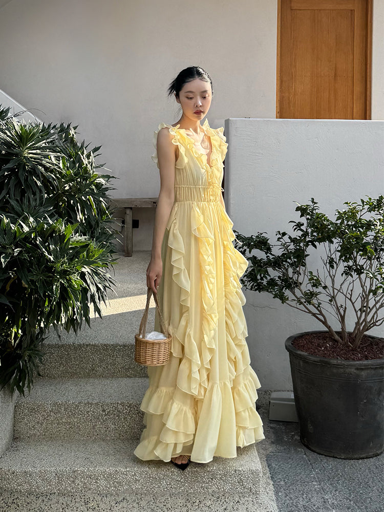 Sunset Ruffle Asymmetrical Maxi Dress _ Romantic Flowy Vacation Look Gunne Sax Dress