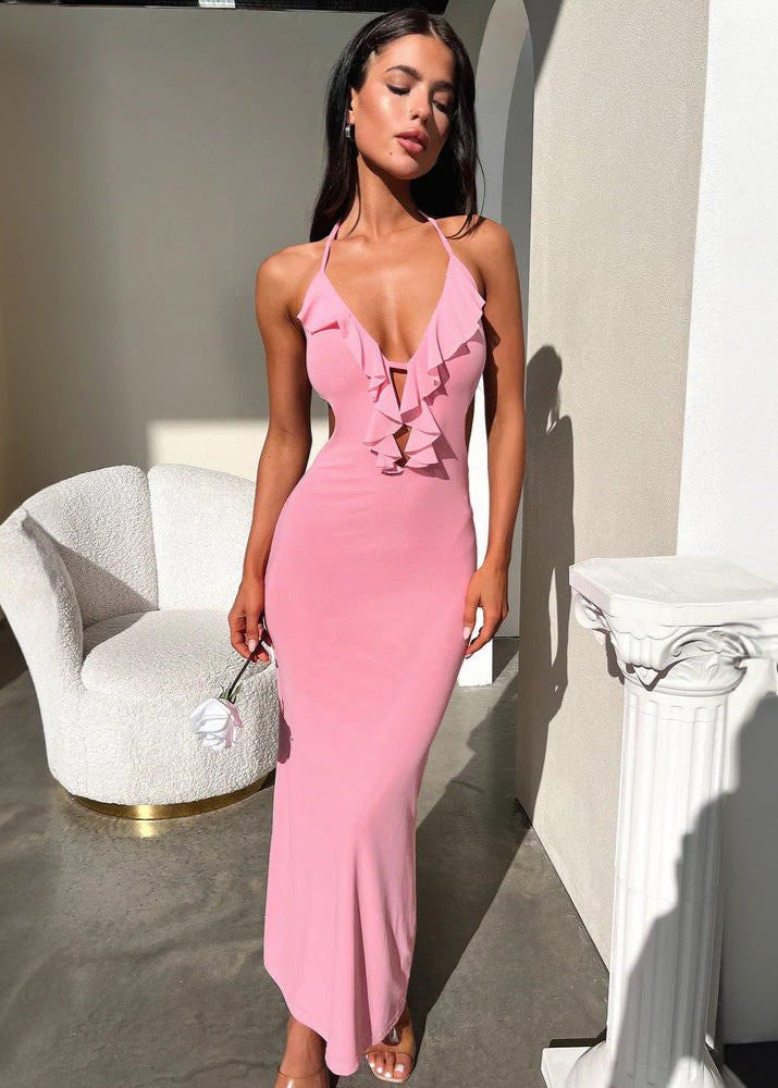 Serene Grace - Halter Maxi Dress With Ruffle Detail