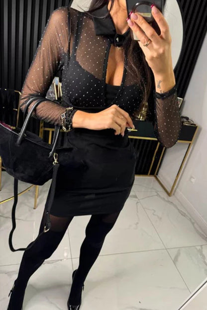 ' Mesh Sparkling Fabric Hollow Out Shirt Collar Long Sleeved Elastic Mini Dress