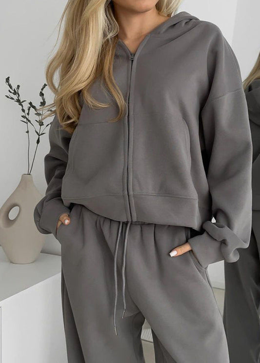 Charcoal Zip-up Hoodie and Wide-leg Pants Set – Cozy Two-piece Loungewear