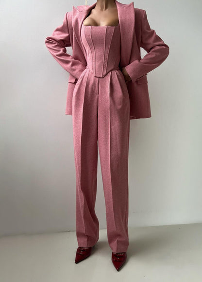 Rosé Herringbone Blazer and Corset Jumpsuit Set – Modern Two-piece Suit for