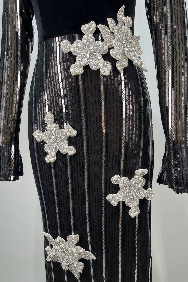 Aelik High Neck Sequin 3d Flower Maxi Dress