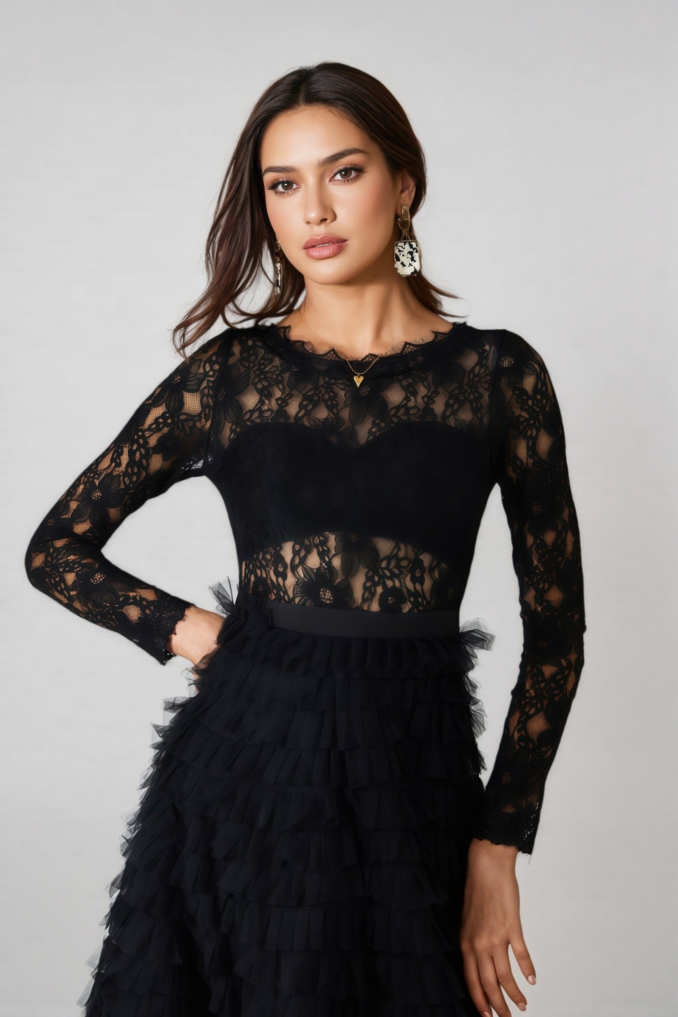 Rafik Black Hollow Lace A-line Maxi Dress