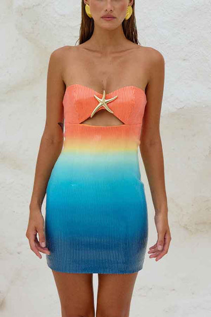Gradient Sequin Off-the-shoulder Hollow Slim Mini Dress