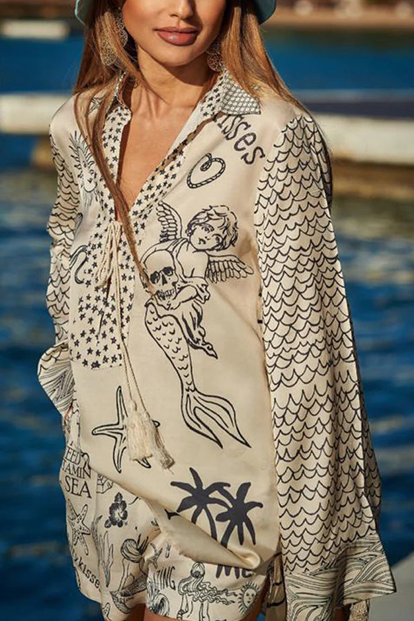 ' Wealthy Satin Unique Printed Tassel Shirt and Elastic Waist Shorts Set