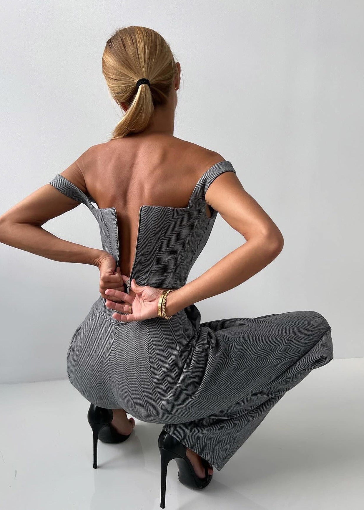 Charcoal Gray Corset Jumpsuit With Matching Blazer
