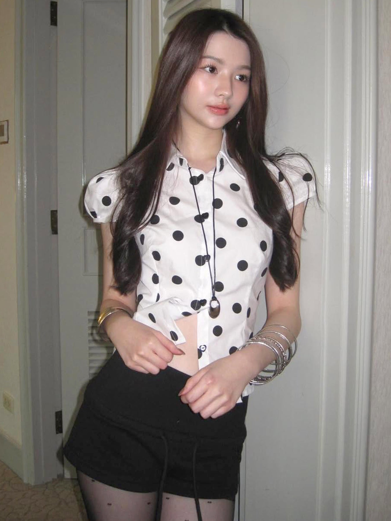 Polka Dot Print Short Sleeve Loose Versatile Blouse
