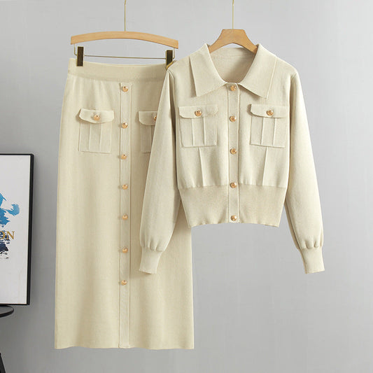 Knitted Slim-fit Two Piece Set - Apricot