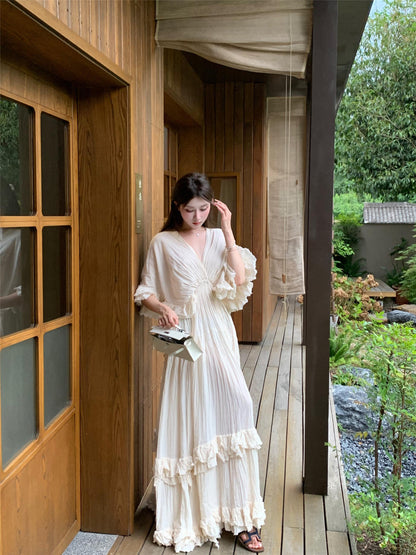 Tailande Linen Maxi Dress _ V-neck Ruffle Goddess Gown With 10-meter Full Hem