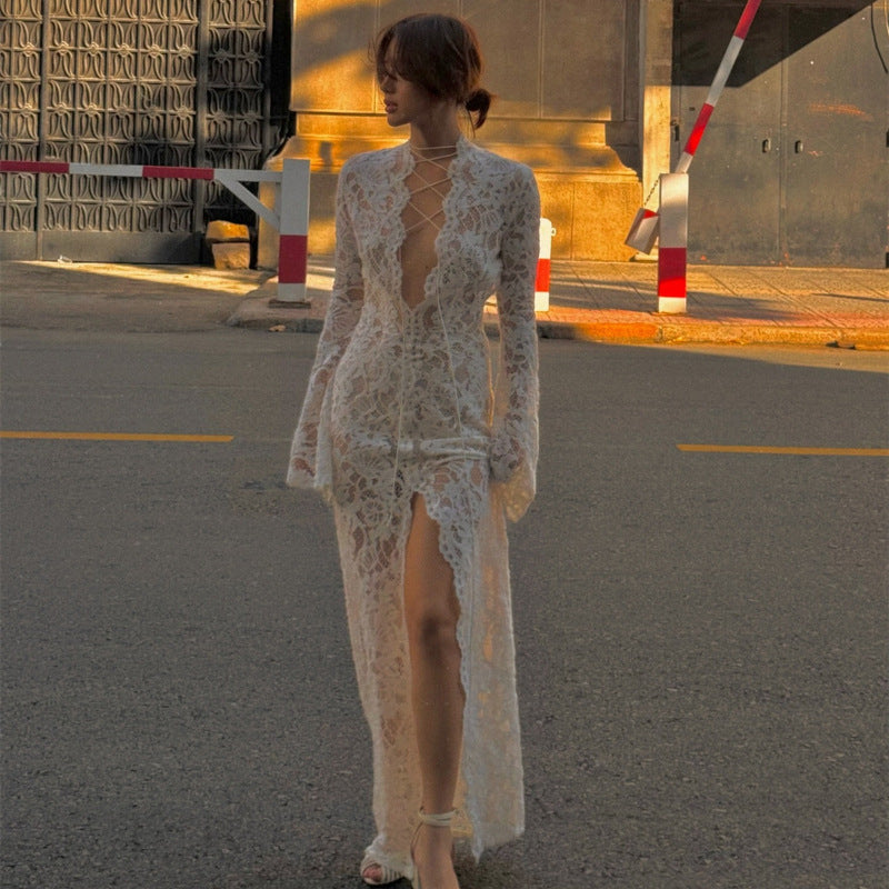 Garcelle Lace Lace-up Long Bell Sleeve Slit Midi Dress