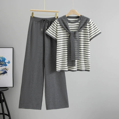 Gray – Drawstring Short-sleeve Striped Two-piece Set