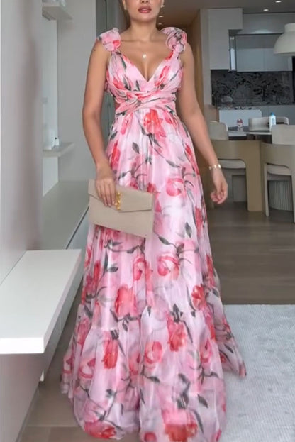Whimsy Grace Tulle Ruffle Detail Back Lace-up Pleated Maxi Dress