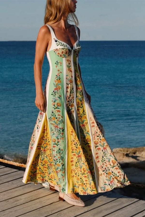 Sweet Garden Linen Blend Color Block Paneled Maxi Dress