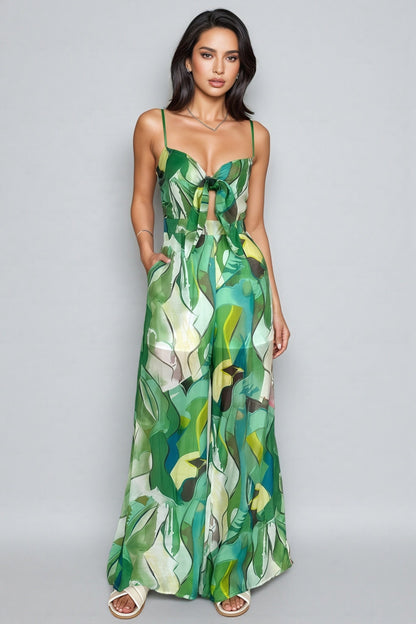 Quinn Green Printed Halter Bow Jumpsuit