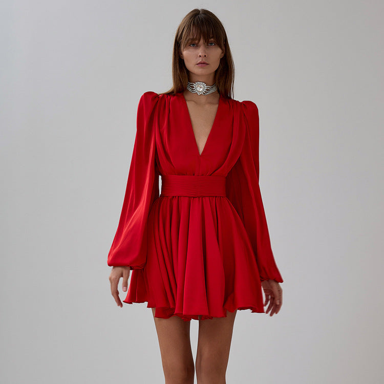 Ruched Puff Sleeve V Neck Waist Belt Satin a Line Mini Dress