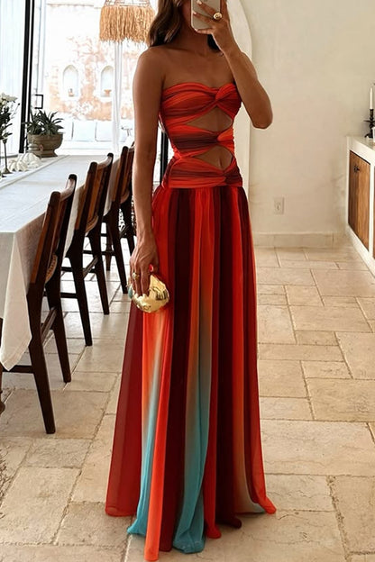 ' Sunset Strapless Tassel Printed Twisted Hollow Off Shoulder Vacation Long Dress