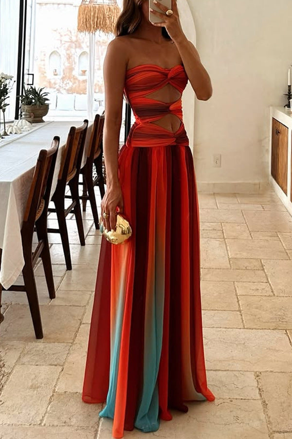 ' Sunset Strapless Tassel Printed Twisted Hollow Off Shoulder Vacation Long Dress