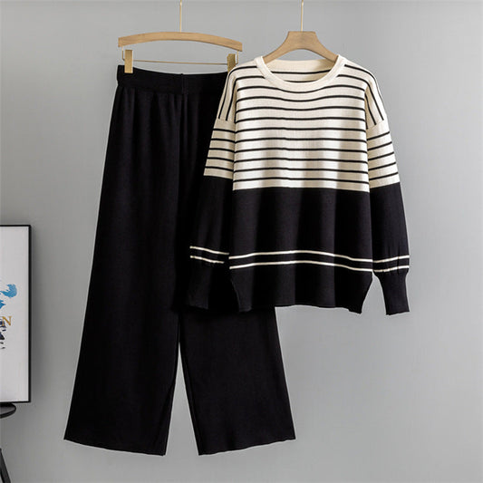 Black - Striped Knitted Loose Two Piece Set