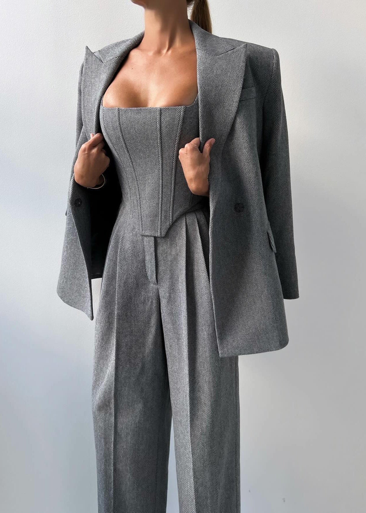 Charcoal Gray Corset Jumpsuit With Matching Blazer