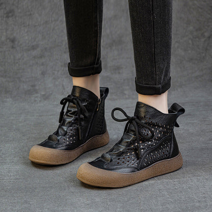 Layer Cowhide Hollow Flat Soft Bottom Boots