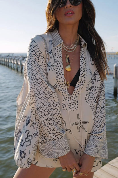 ' Wealthy Satin Unique Printed Tassel Shirt and Elastic Waist Shorts Set
