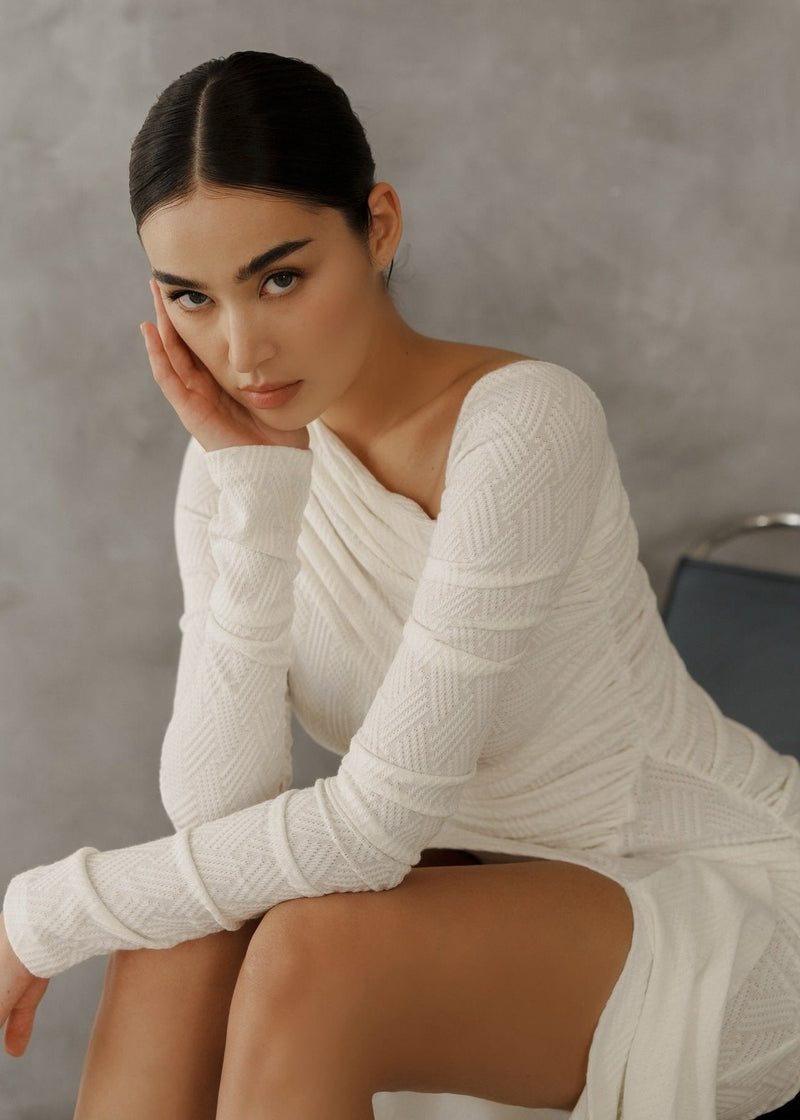 Ivory Elegance Maxi Dress With Asymmetric Draping