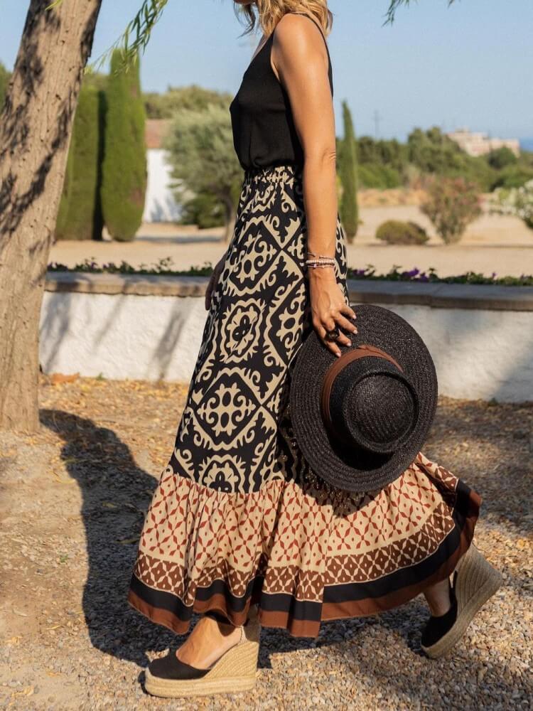 Baroque Tribal Print Maxi Skirt in Black