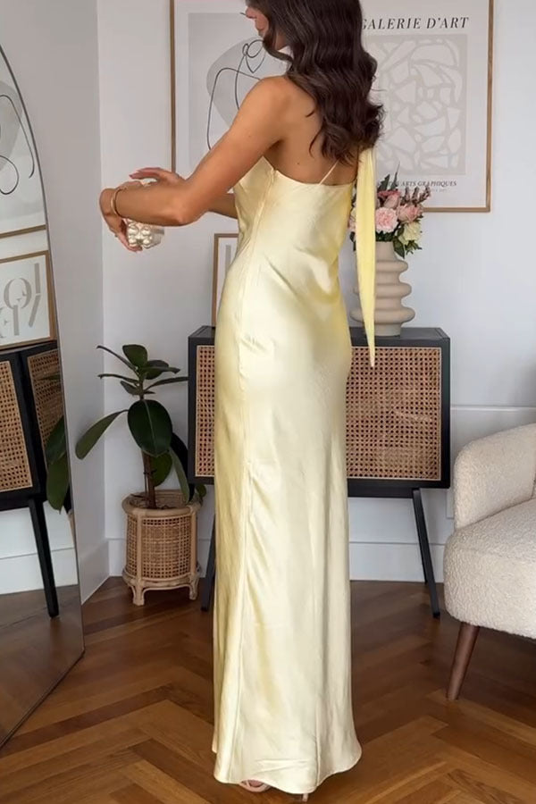 Milk White Party Dress Satin One Shoulder Scarf Long Skirt